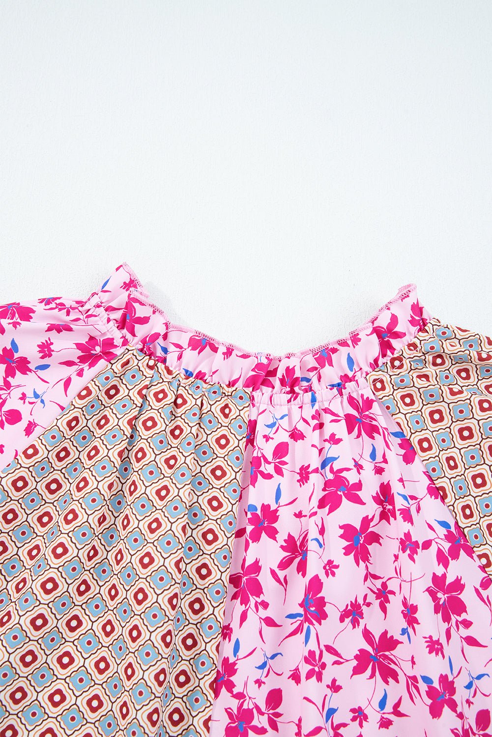 Crowned Energy CO. Pink / S / 100%Polyester Dear-Lover Dropshipping Tops/Blouses & Shirts Pink Boho Mixed Floral Drop Shoulder Bubble Sleeve Blouse