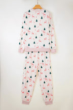Pink Bow Christmas Tree Print Contrast Striped Banding 2pcs Lounge Set - Goddess Vibes