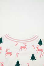 Pink Bow Christmas Tree Print Contrast Striped Banding 2pcs Lounge Set - Goddess Vibes