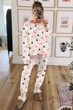 Pink Bow Christmas Tree Print Contrast Striped Banding 2pcs Lounge Set - Goddess Vibes