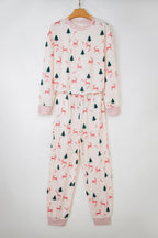 Pink Bow Christmas Tree Print Contrast Striped Banding 2pcs Lounge Set - Goddess Vibes