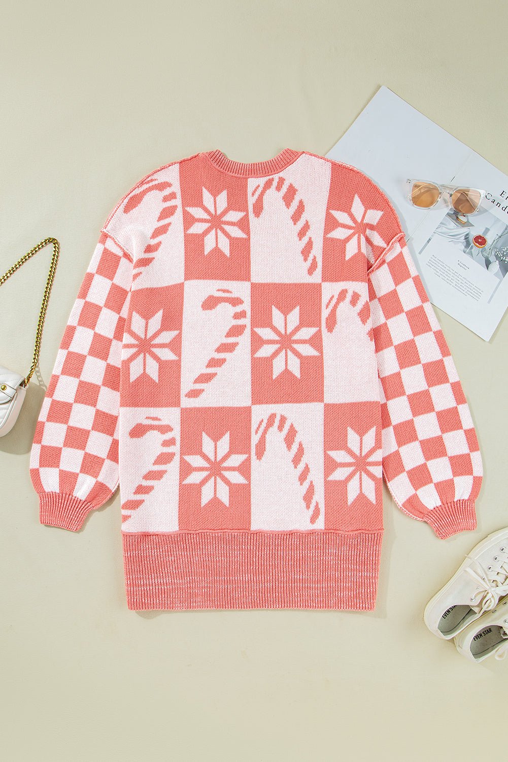Crowned Energy CO. Pink / S / 55%Acrylic+45%Cotton Dear-Lover Dropshipping Sweaters & Cardigans/Sweaters Pink Candycane Snowflake Checker Christmas Holiday Drop Shoulder Tunic Loose Sweater