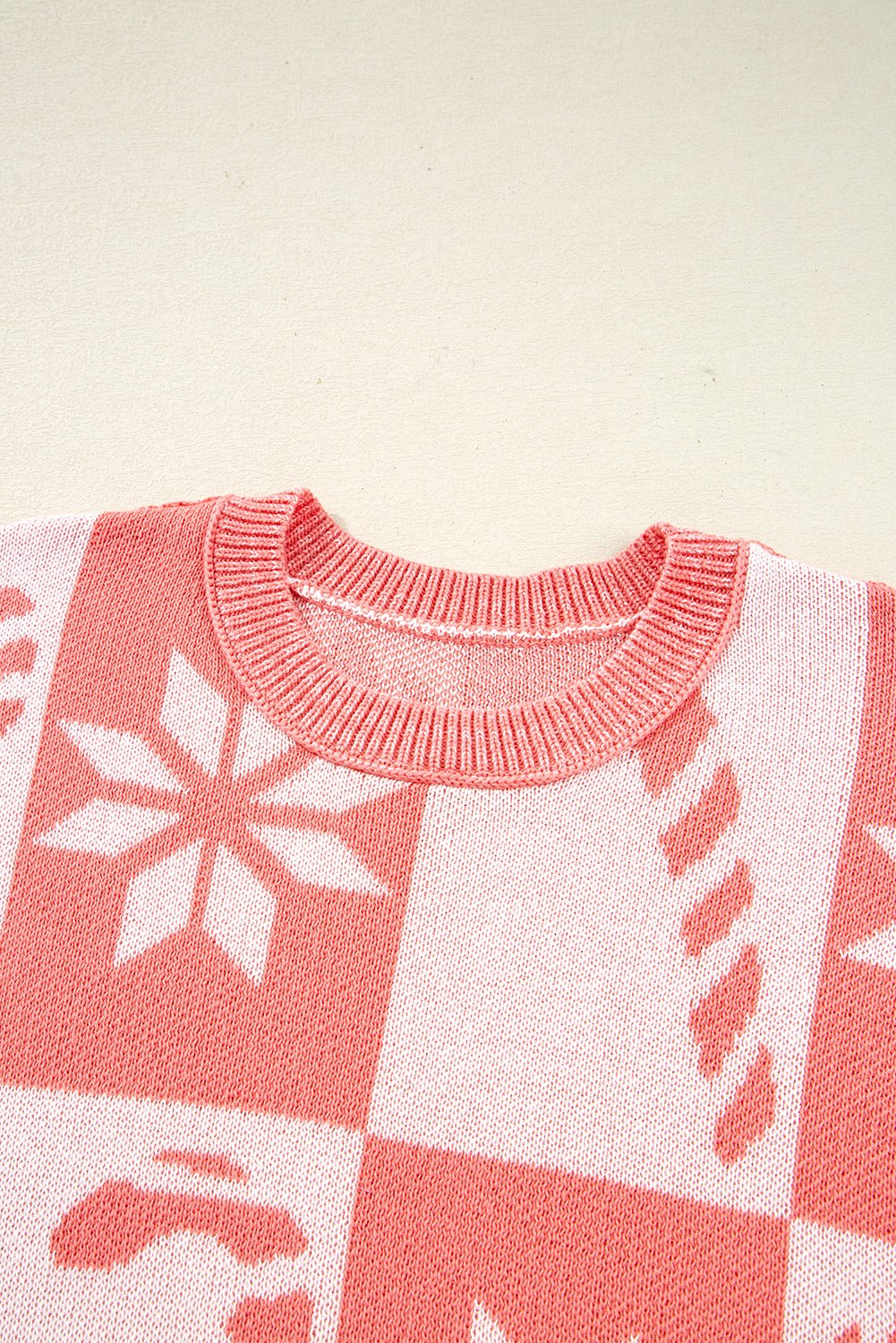 Crowned Energy CO. Pink / S / 55%Acrylic+45%Cotton Dear-Lover Dropshipping Sweaters & Cardigans/Sweaters Pink Candycane Snowflake Checker Christmas Holiday Drop Shoulder Tunic Loose Sweater