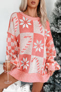 Crowned Energy CO. Pink / S / 55%Acrylic+45%Cotton Dear-Lover Dropshipping Sweaters & Cardigans/Sweaters Pink Candycane Snowflake Checker Christmas Holiday Drop Shoulder Tunic Loose Sweater