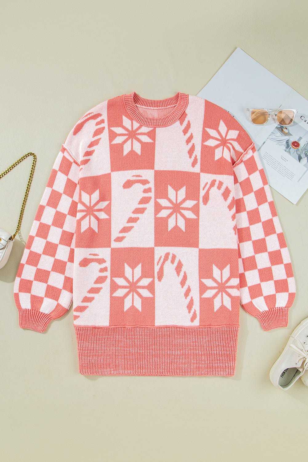 Crowned Energy CO. Pink / S / 55%Acrylic+45%Cotton Dear-Lover Dropshipping Sweaters & Cardigans/Sweaters Pink Candycane Snowflake Checker Christmas Holiday Drop Shoulder Tunic Loose Sweater