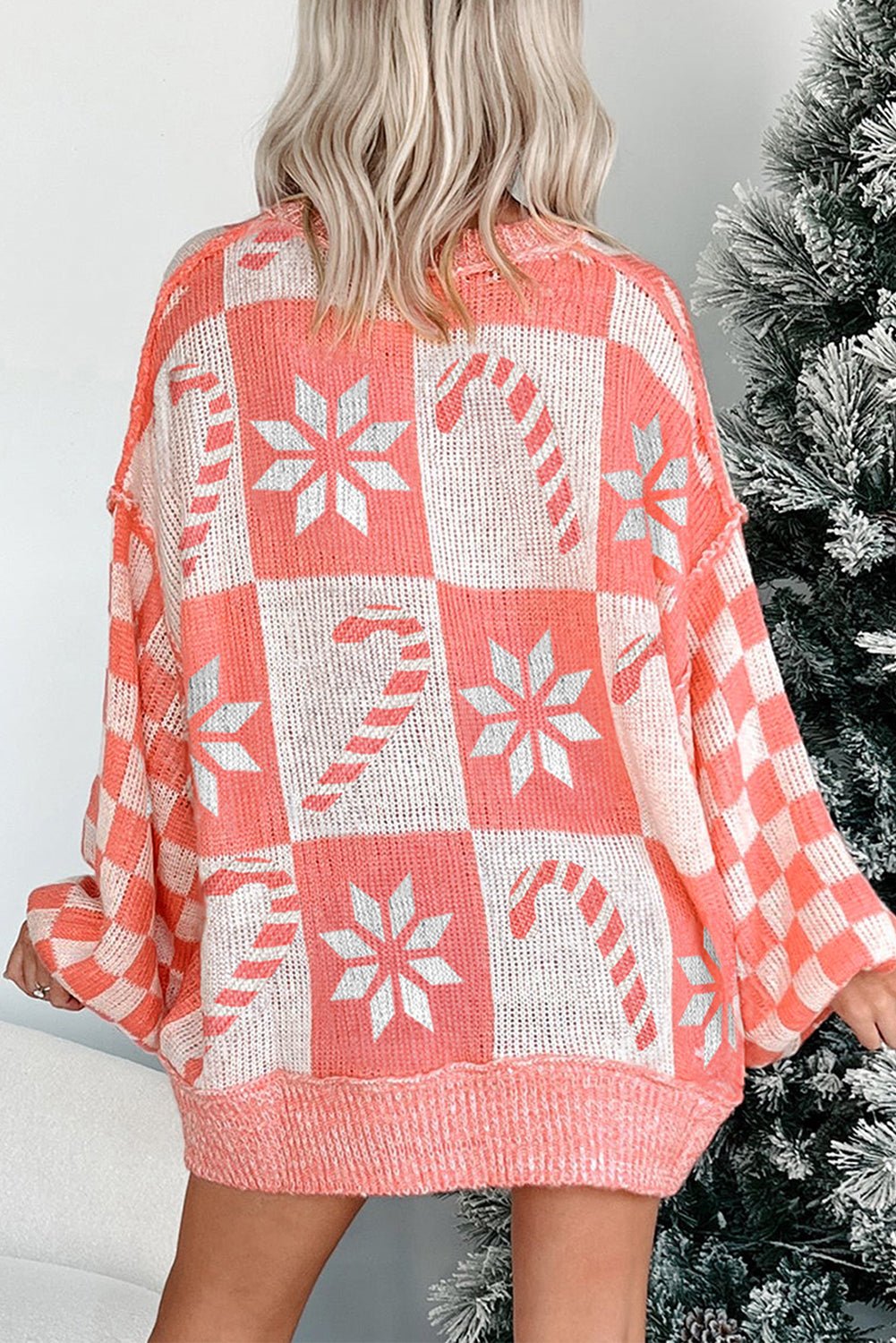 Crowned Energy CO. Pink / S / 55%Acrylic+45%Cotton Dear-Lover Dropshipping Sweaters & Cardigans/Sweaters Pink Candycane Snowflake Checker Christmas Holiday Drop Shoulder Tunic Loose Sweater