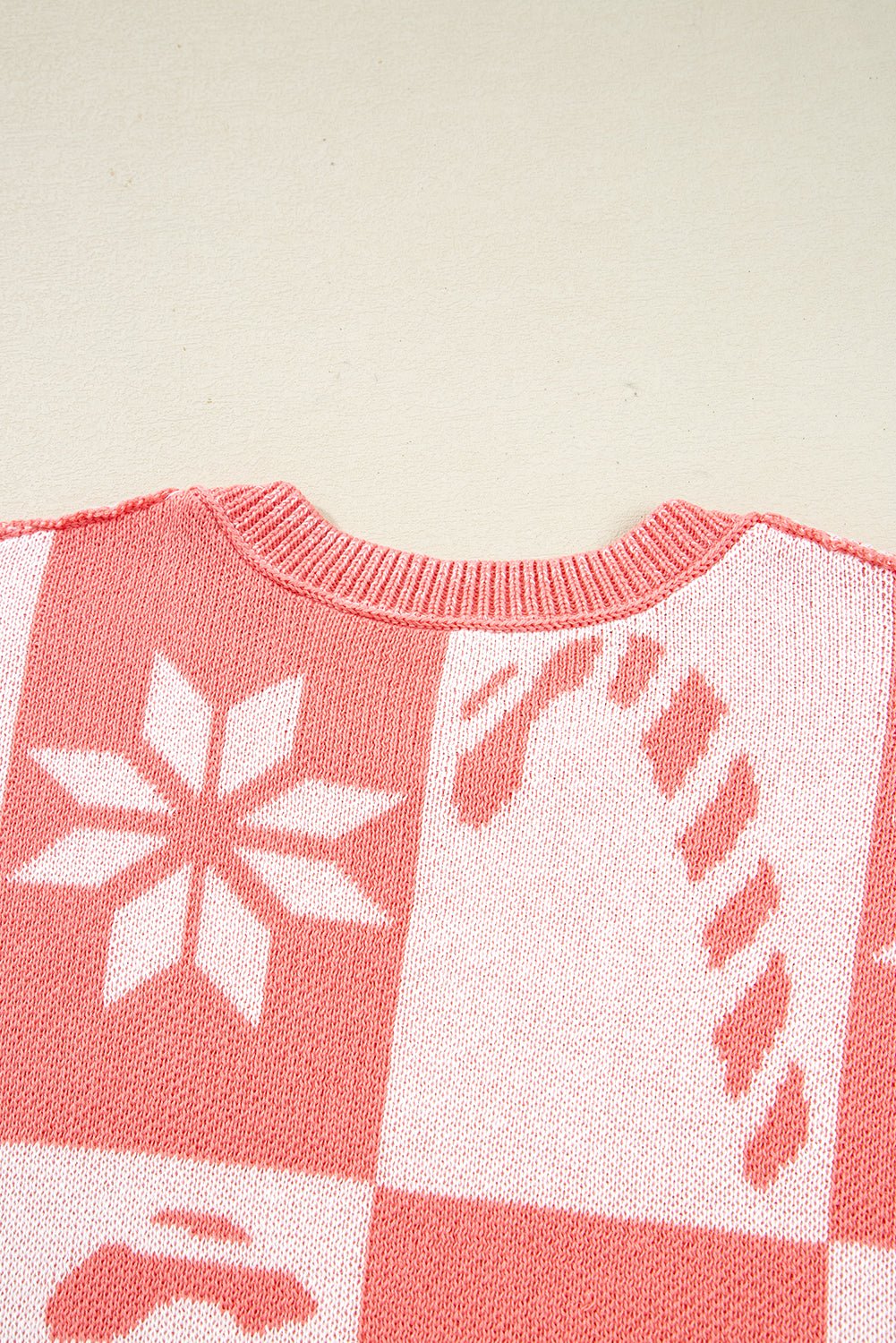 Crowned Energy CO. Pink / S / 55%Acrylic+45%Cotton Dear-Lover Dropshipping Sweaters & Cardigans/Sweaters Pink Candycane Snowflake Checker Christmas Holiday Drop Shoulder Tunic Loose Sweater