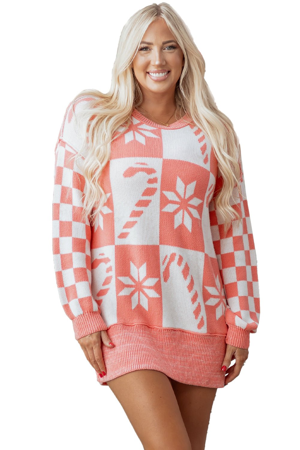 Crowned Energy CO. Pink / S / 55%Acrylic+45%Cotton Dear-Lover Dropshipping Sweaters & Cardigans/Sweaters Pink Candycane Snowflake Checker Christmas Holiday Drop Shoulder Tunic Loose Sweater