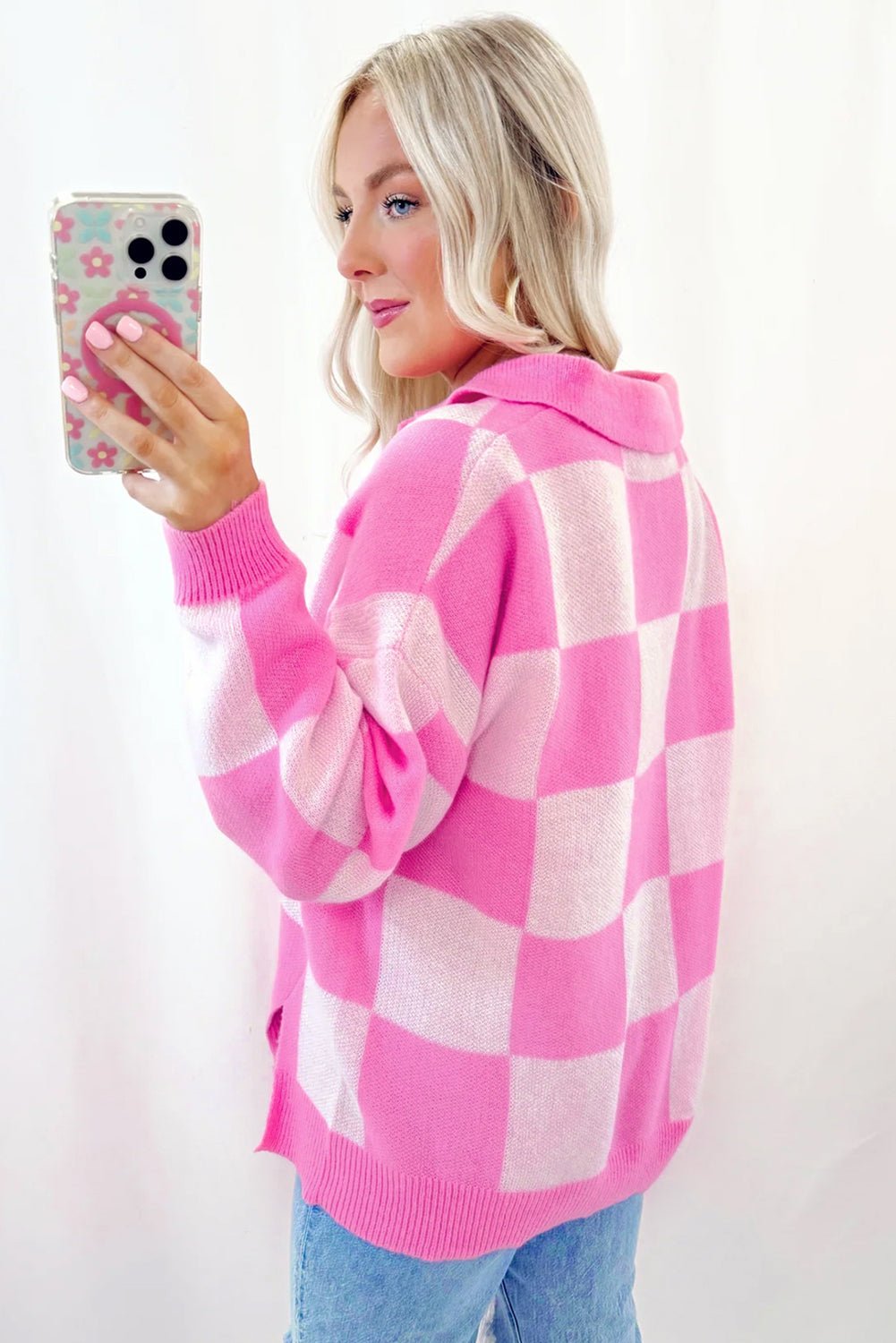 Crowned Energy CO. Pink / S / 50%Viscose+28%Polyester+22%Polyamide Dear-Lover Dropshipping Sweaters & Cardigans/Sweaters Pink Checkerboard Half Button Collared Drop Shoulder Sweater