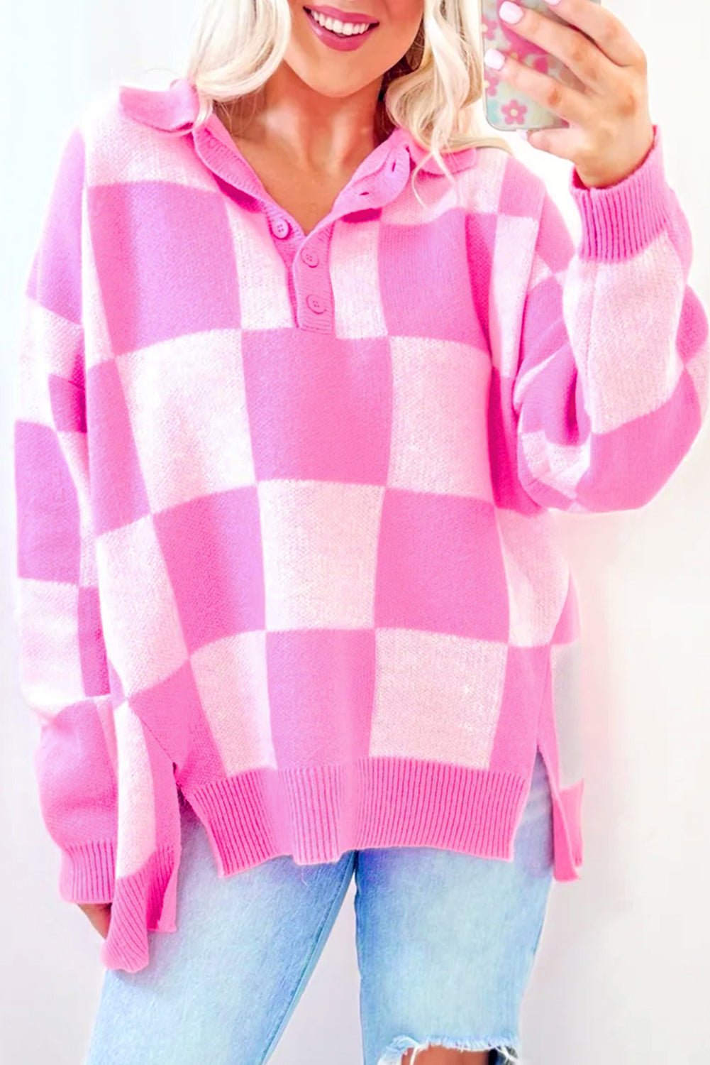 Crowned Energy CO. Pink / S / 50%Viscose+28%Polyester+22%Polyamide Dear-Lover Dropshipping Sweaters & Cardigans/Sweaters Pink Checkerboard Half Button Collared Drop Shoulder Sweater