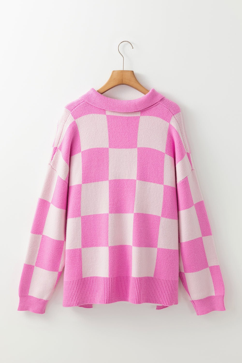 Crowned Energy CO. Pink / S / 50%Viscose+28%Polyester+22%Polyamide Dear-Lover Dropshipping Sweaters & Cardigans/Sweaters Pink Checkerboard Half Button Collared Drop Shoulder Sweater