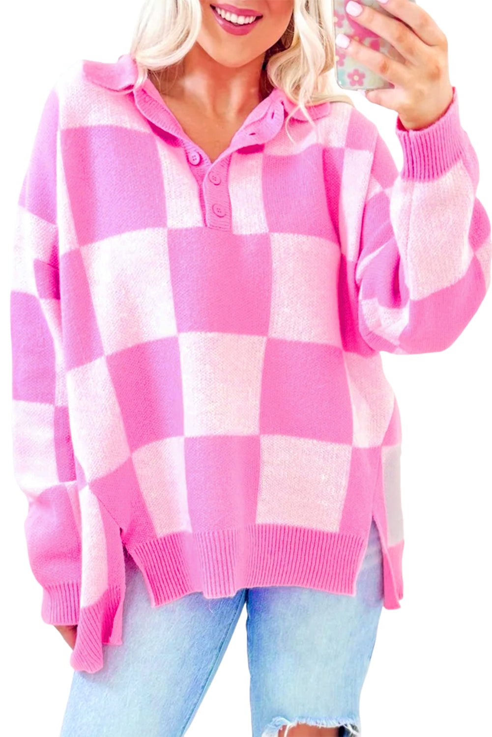 Crowned Energy CO. Pink / S / 50%Viscose+28%Polyester+22%Polyamide Dear-Lover Dropshipping Sweaters & Cardigans/Sweaters Pink Checkerboard Half Button Collared Drop Shoulder Sweater