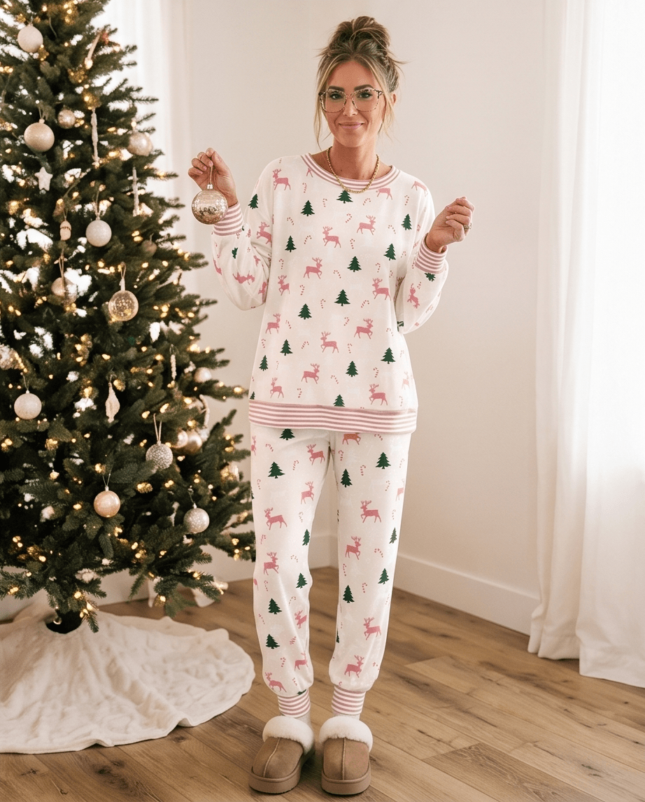 Pink Christmas Bow Tree Print 2 - Piece Lounge Set - Crowned Energy CO.