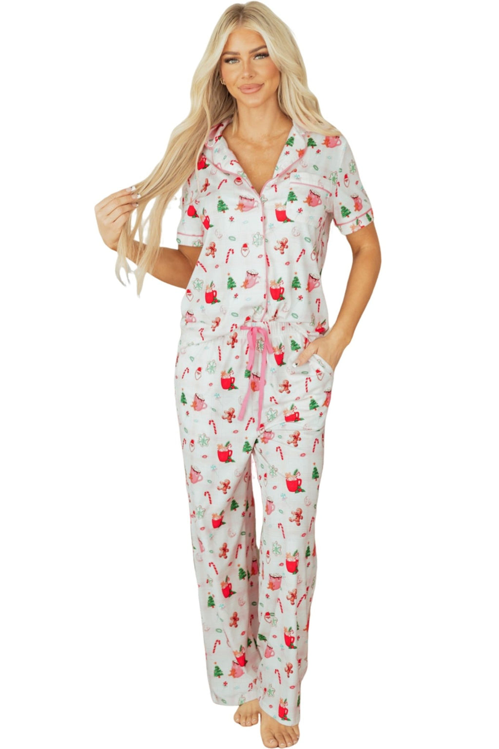 Crowned Energy CO. Pink / S / 95%Polyester+5%Elastane Dear-Lover Dropshipping Loungewear & Sleepwear/Sleepwear Pink Christmas Spirit Cute Holiday Print Short Sleeve Shirt and Pants 2pcs Pajama Set