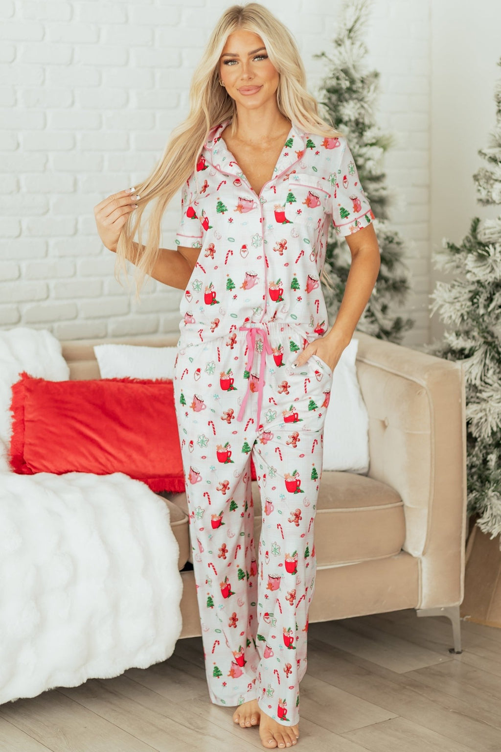 Crowned Energy CO. Pink / S / 95%Polyester+5%Elastane Dear-Lover Dropshipping Loungewear & Sleepwear/Sleepwear Pink Christmas Spirit Cute Holiday Print Short Sleeve Shirt and Pants 2pcs Pajama Set