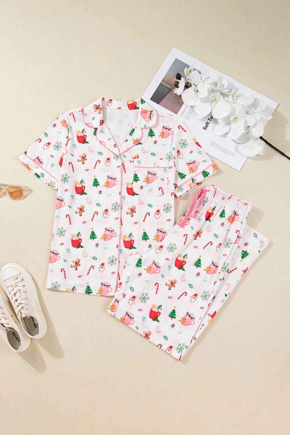 Crowned Energy CO. Pink / S / 95%Polyester+5%Elastane Dear-Lover Dropshipping Loungewear & Sleepwear/Sleepwear Pink Christmas Spirit Cute Holiday Print Short Sleeve Shirt and Pants 2pcs Pajama Set