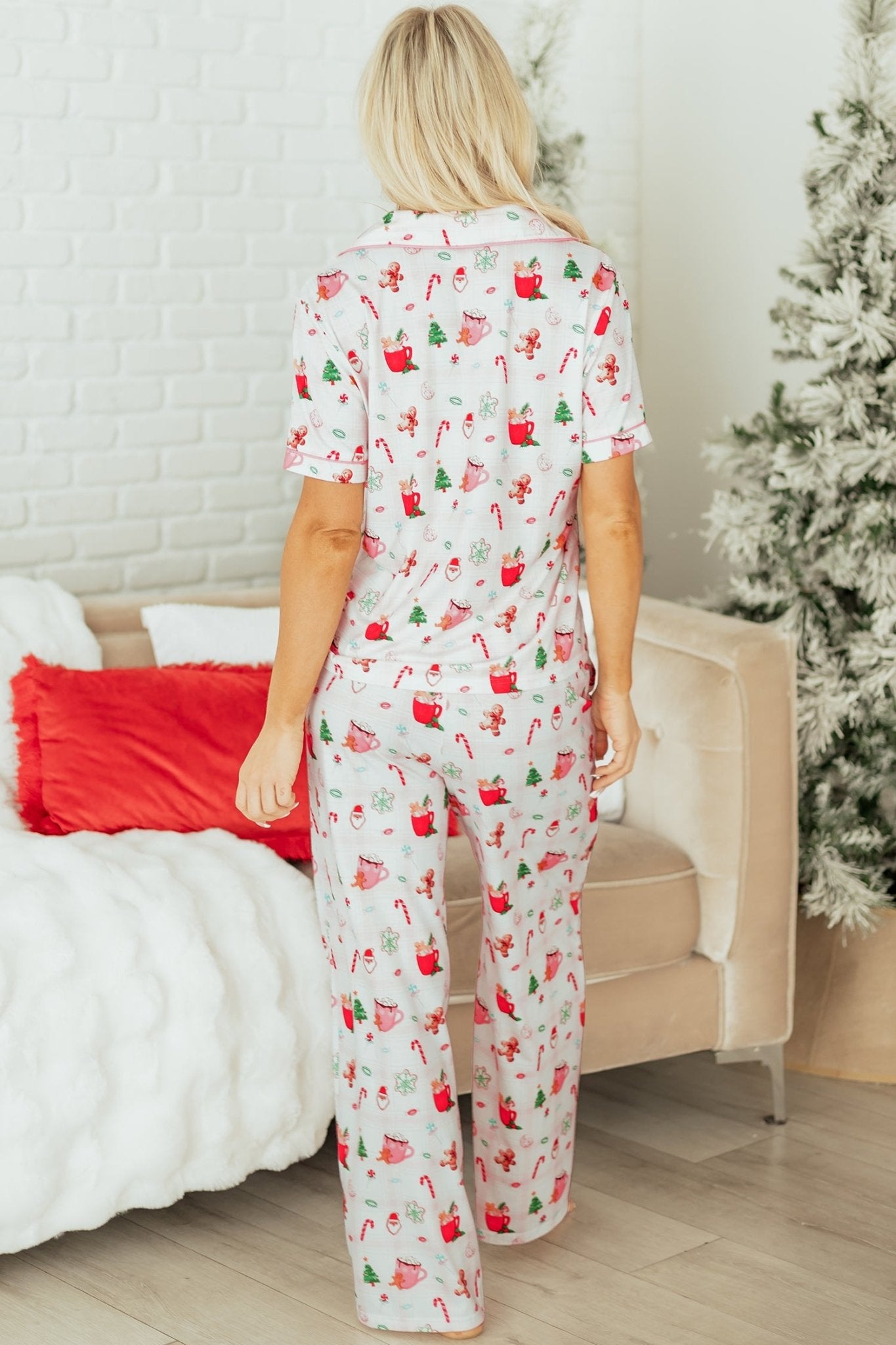 Crowned Energy CO. Pink / S / 95%Polyester+5%Elastane Dear-Lover Dropshipping Loungewear & Sleepwear/Sleepwear Pink Christmas Spirit Cute Holiday Print Short Sleeve Shirt and Pants 2pcs Pajama Set