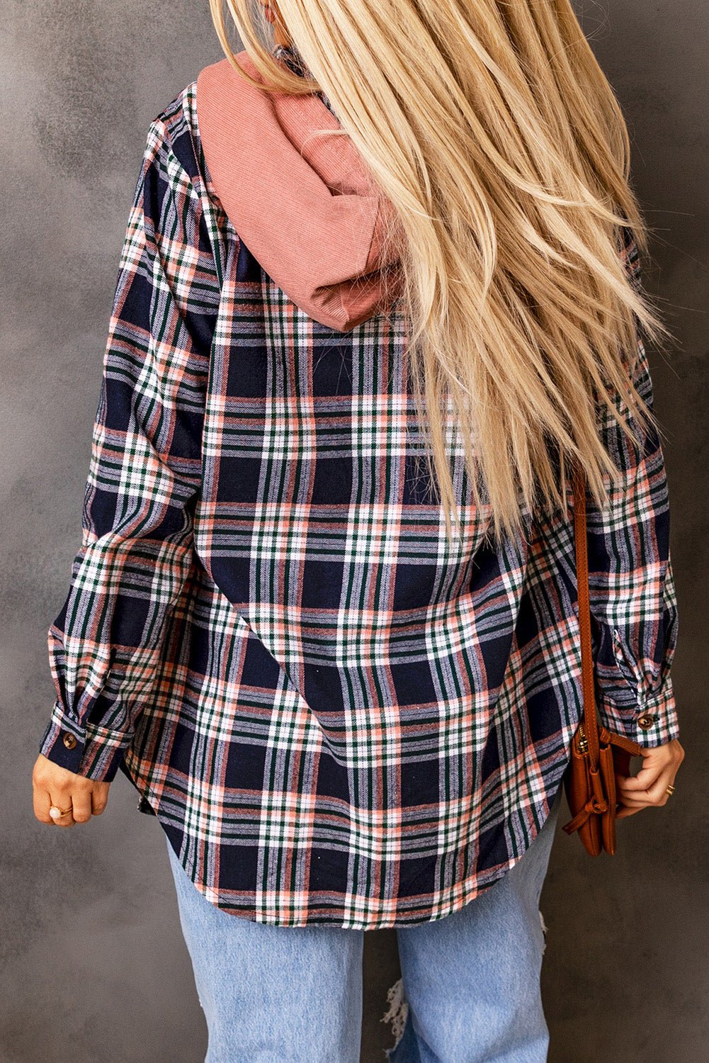 Crowned Energy CO. Pink / S / 65%Polyester+35%Cotton Dear-Lover Dropshipping Outerwear/Plaid Shackets Pink Contrast Hooded Drawstring Plaid Shacket