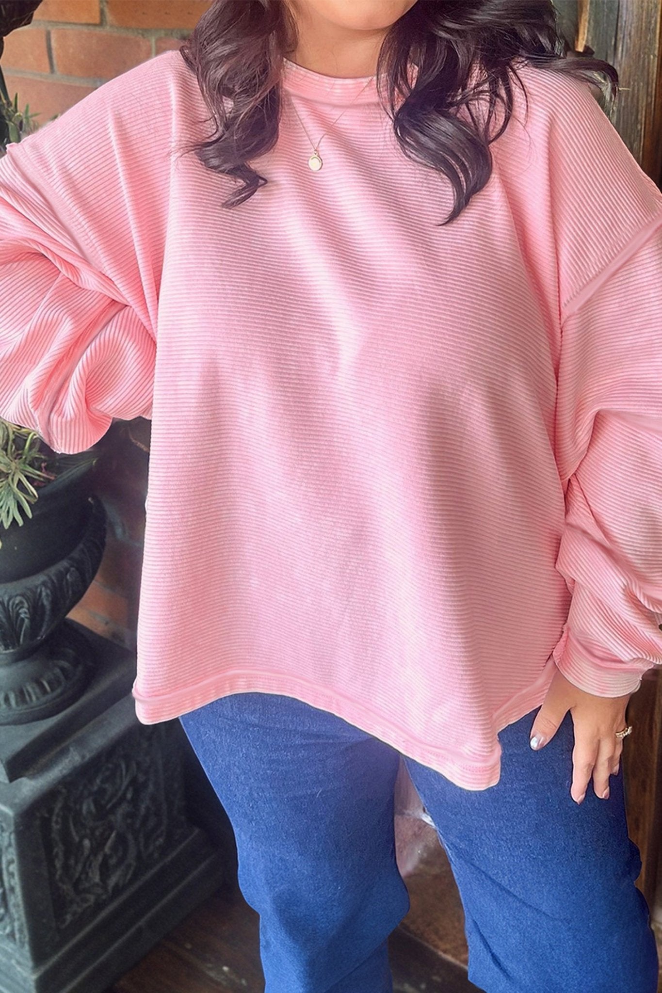 Pink Drop Shoulder Long Sleeve Plus Size Ribbed Top - Crowned Energy CO.