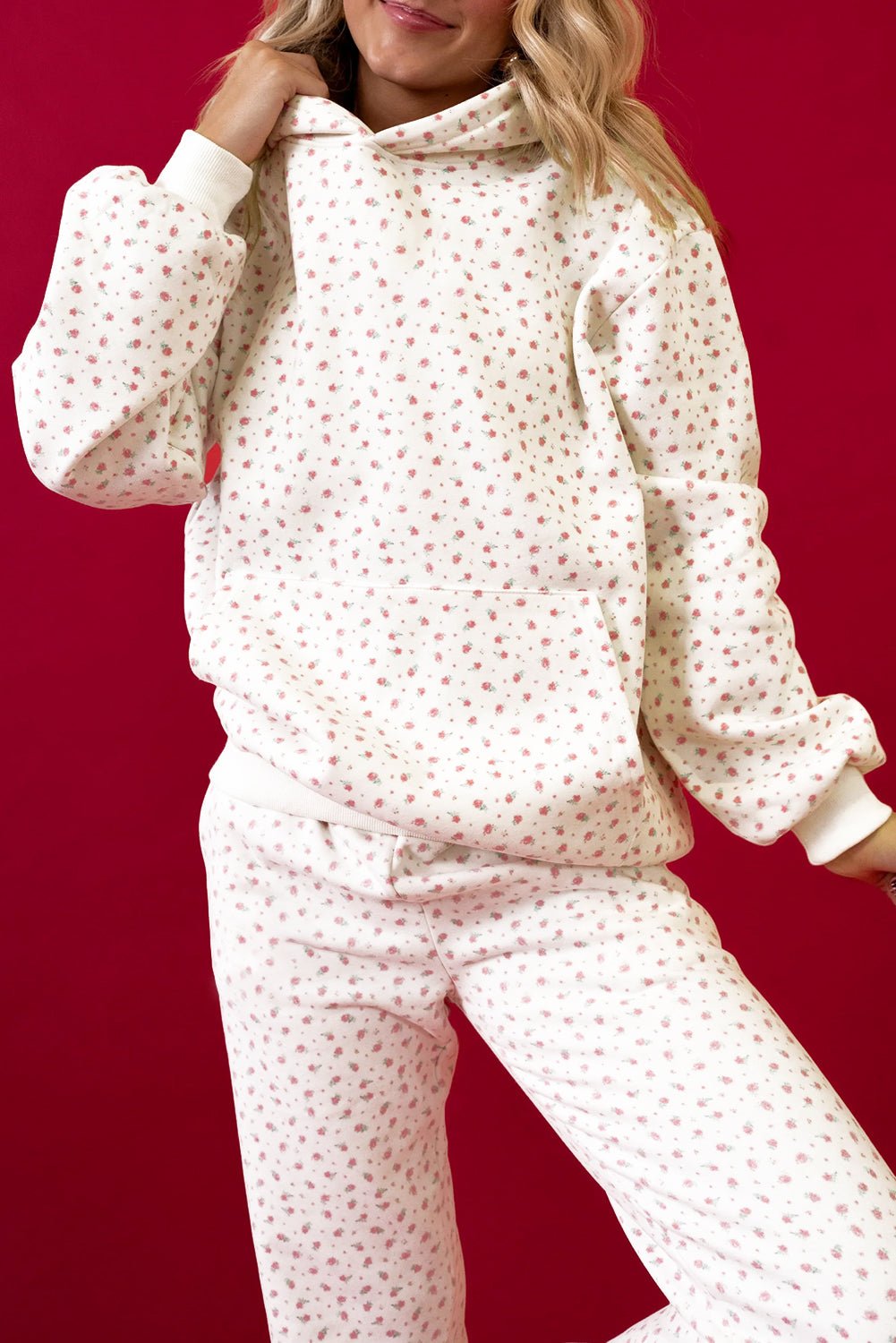 Pink Floral Print Kangaroo Pocket Hoodie Sheath Sweatpants Set - Crowned Energy CO.