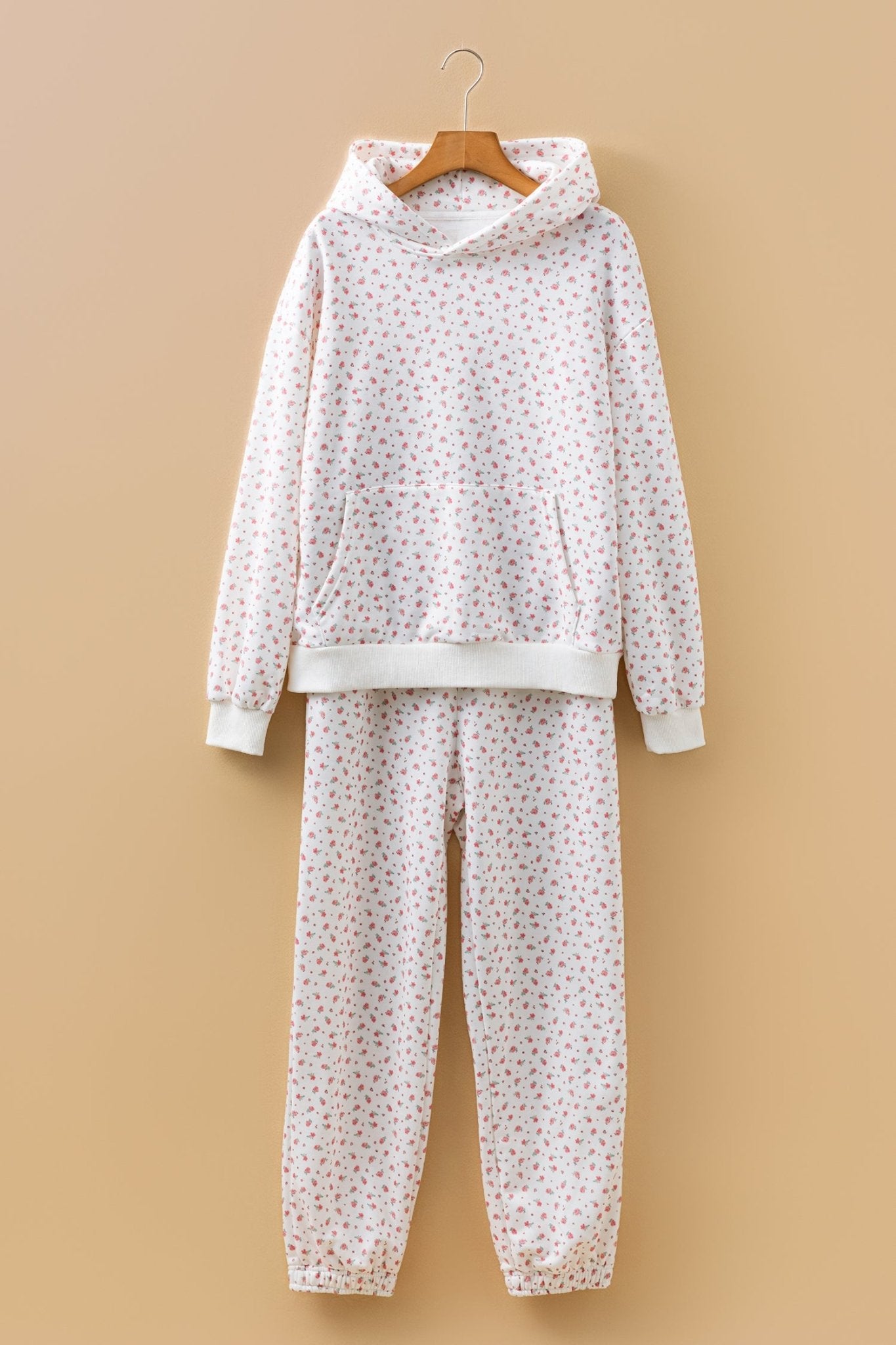 Pink Floral Print Kangaroo Pocket Hoodie Sheath Sweatpants Set - Crowned Energy CO.