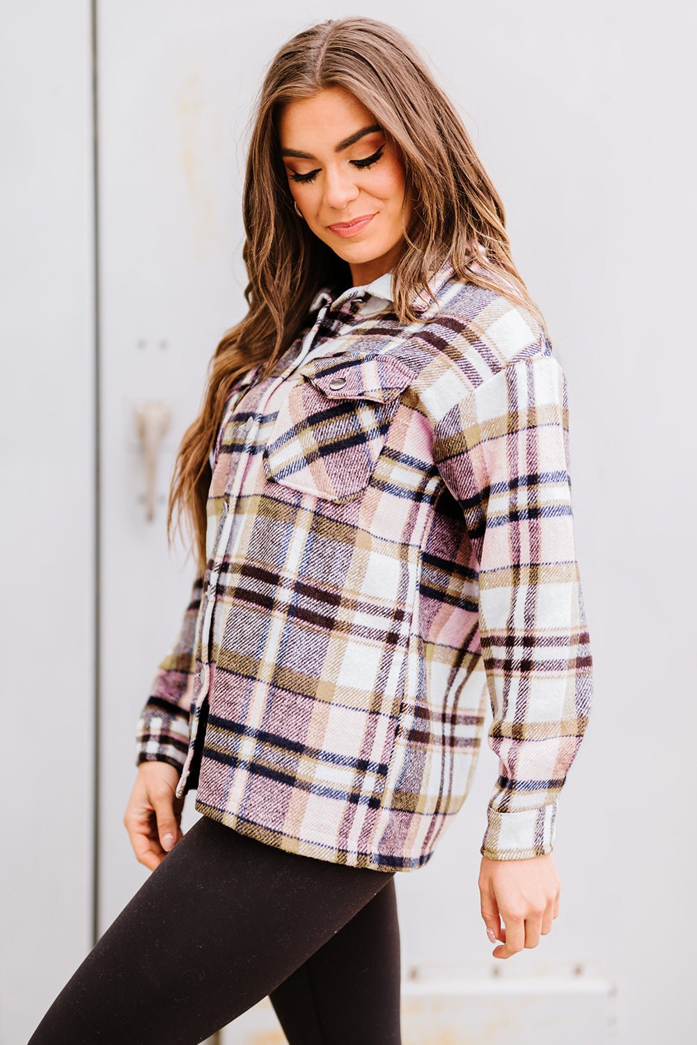 Pink Geometric Plaid Print Pocketed Shacket - Crowned Energy CO.