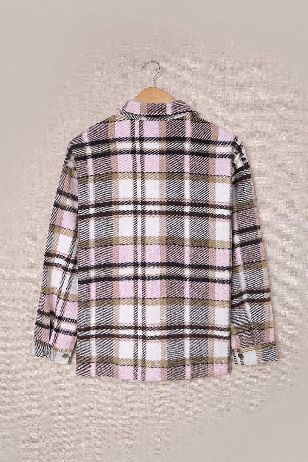 Pink Geometric Plaid Print Pocketed Shacket - Crowned Energy CO.