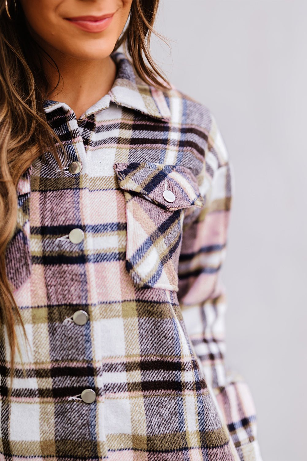 Pink Geometric Plaid Print Pocketed Shacket - Crowned Energy CO.