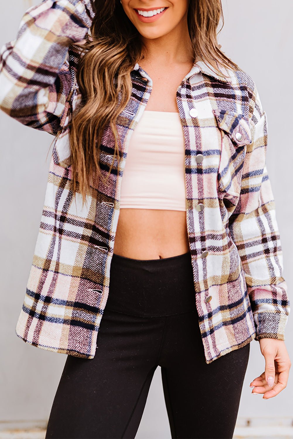 Pink Geometric Plaid Print Pocketed Shacket - Crowned Energy CO.