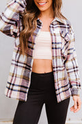 Pink Geometric Plaid Print Pocketed Shacket - Crowned Energy CO.