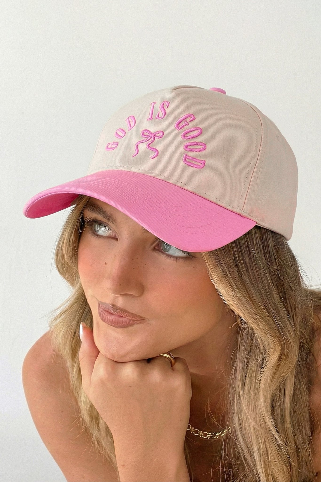 Pink GOD IS GOOD Embroidered Bow Color Block Baseball Cap - Crowned Energy CO.