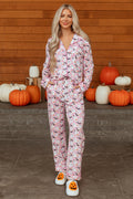 Pink Halloween Eve Haunted Honey Bat Print Pajama Set - Crowned Energy CO.