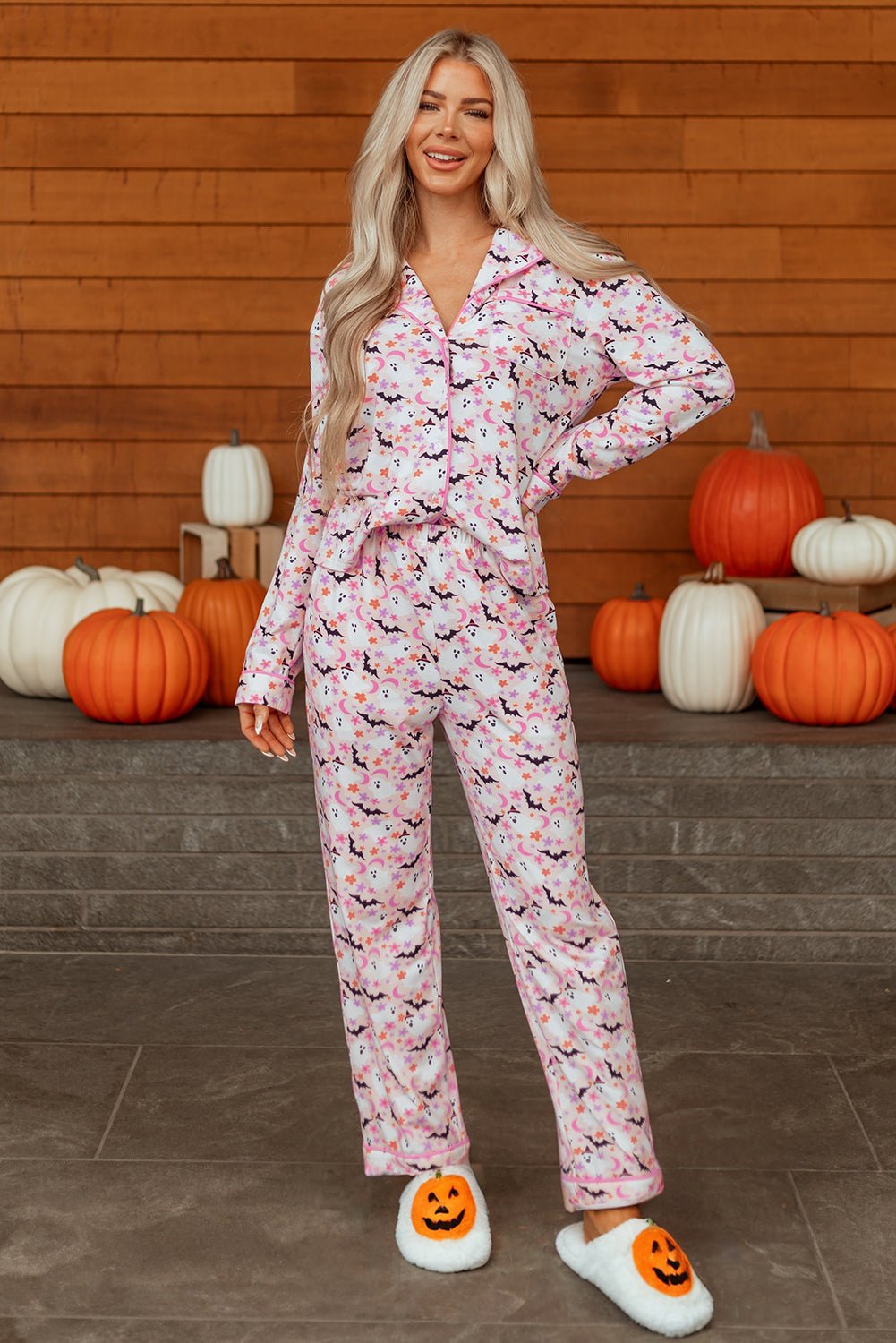 Pink Halloween Eve Haunted Honey Bat Print Pajama Set - Crowned Energy CO.