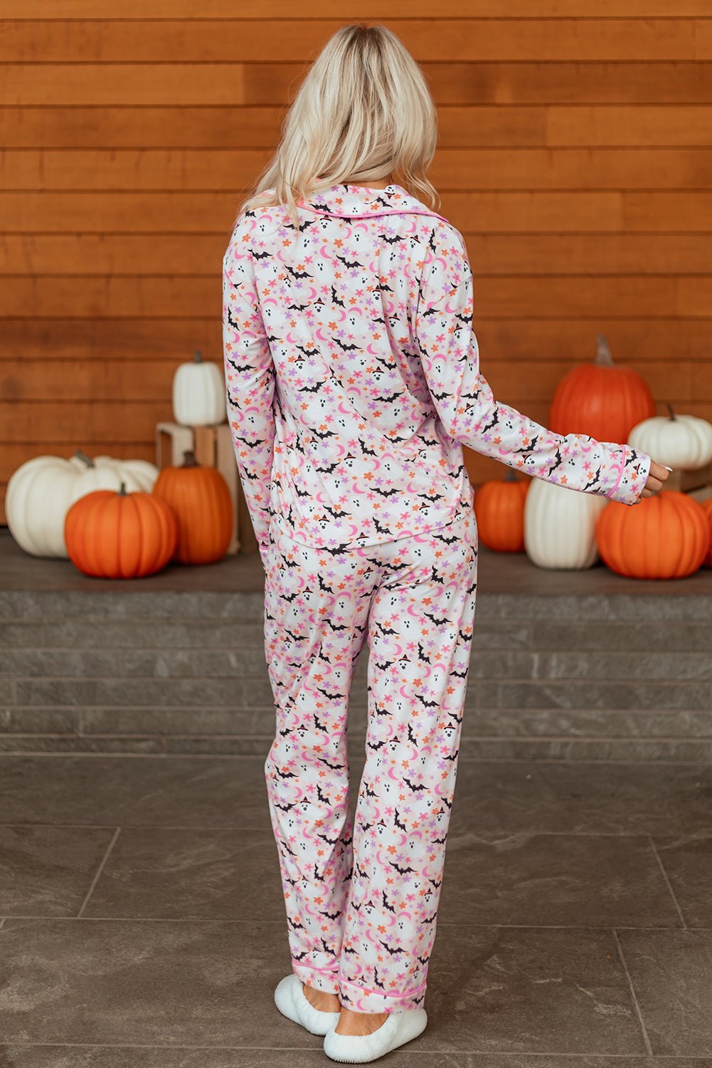 Pink Halloween Eve Haunted Honey Bat Print Pajama Set - Crowned Energy CO.