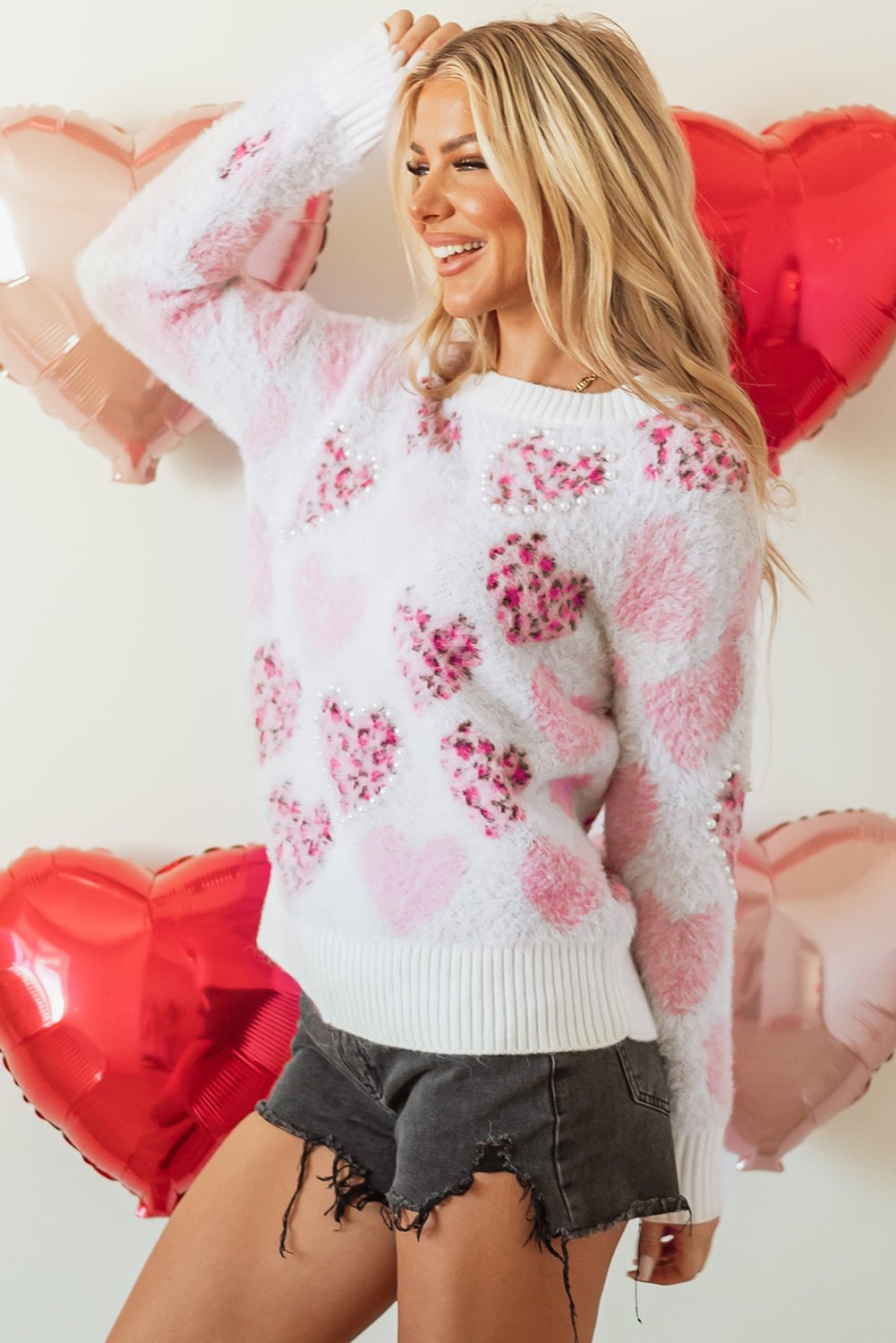 Pink Heart Leopard Print Pearled Ribbed Trim Fuzzy Sweater - Crowned Energy CO.