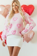 Pink Heart Shape Bubble Sleeve Baggy Sweater - Crowned Energy CO.