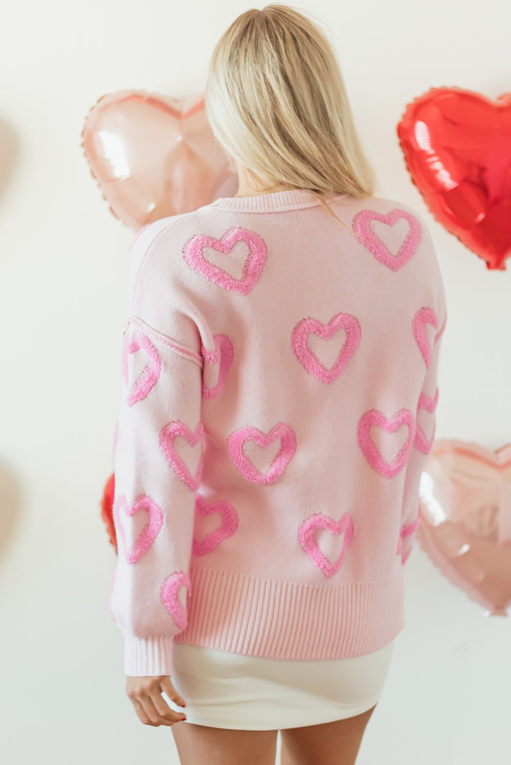 Pink Heart Shape Bubble Sleeve Baggy Sweater - Crowned Energy CO.