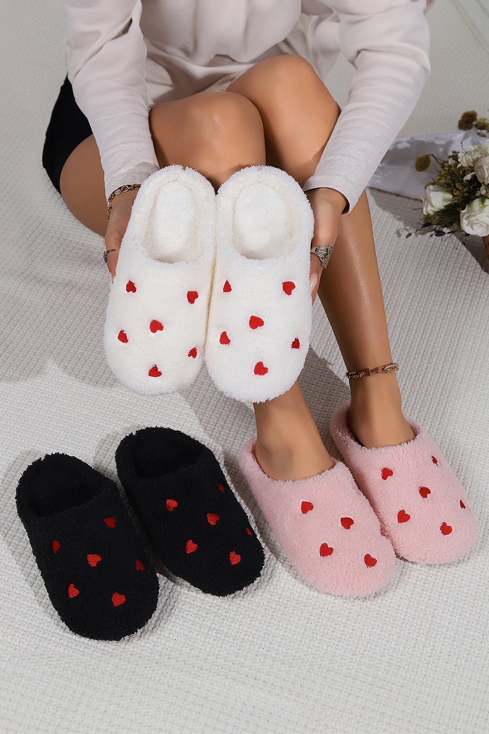 Crowned Energy CO. Pink / 36 Dear-Lover Dropshipping Shoes & Bags/Slippers Pink Heart Shape Embroidered Slip On Plush Slippers