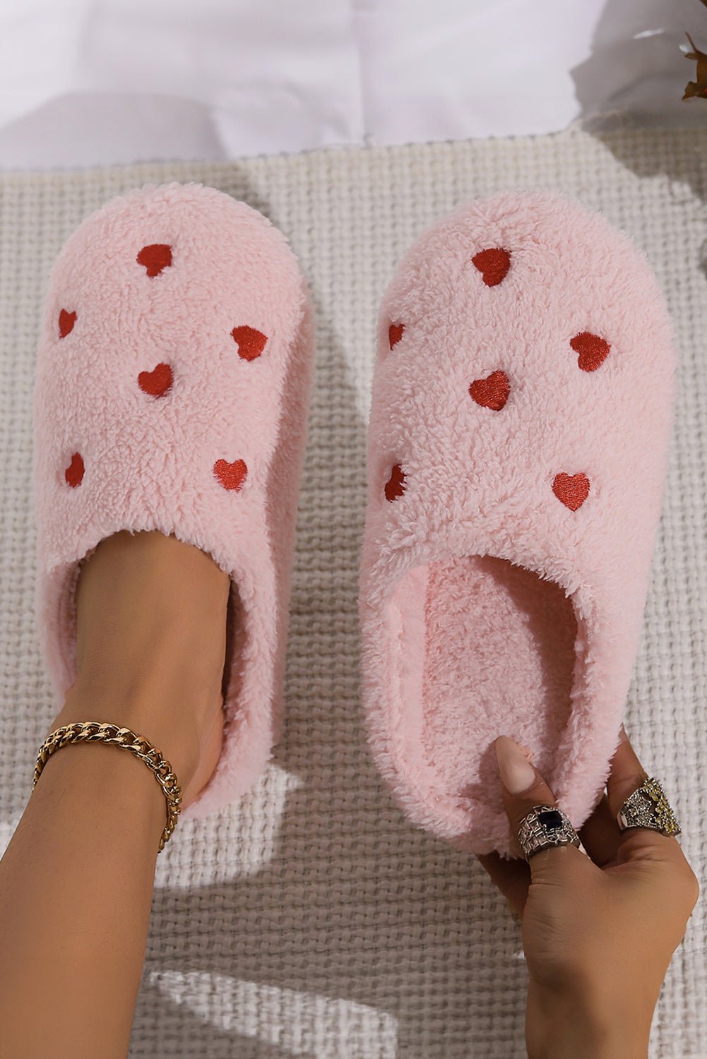 Crowned Energy CO. Pink / 36 Dear-Lover Dropshipping Shoes & Bags/Slippers Pink Heart Shape Embroidered Slip On Plush Slippers