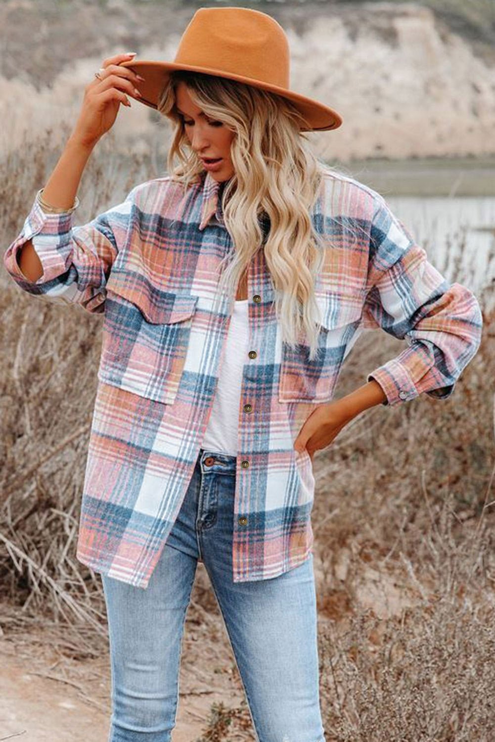 Crowned Energy CO. Pink / S / 100%Polyester Dear-Lover Dropshipping Outerwear/Plaid Shackets Pink Plaid Flap Pockets Shacket