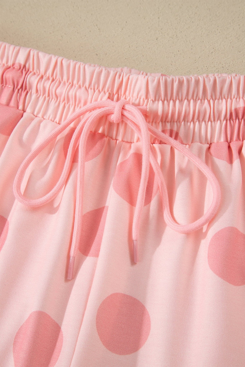 Pink Polka Dot Print Loose Tee Drawstring Elastic Waist Short Set - Crowned Energy CO.