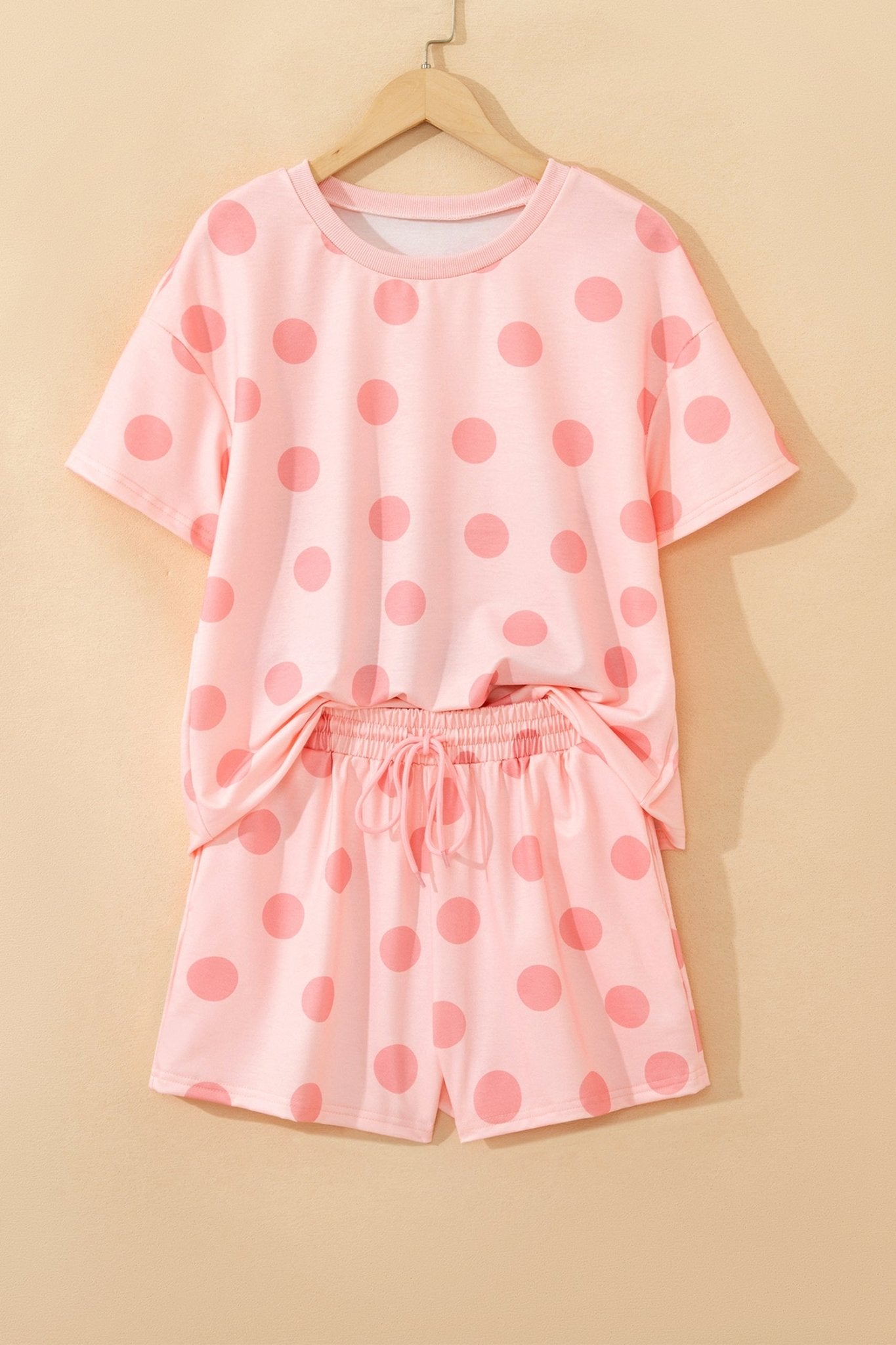 Pink Polka Dot Print Loose Tee Drawstring Elastic Waist Short Set - Crowned Energy CO.