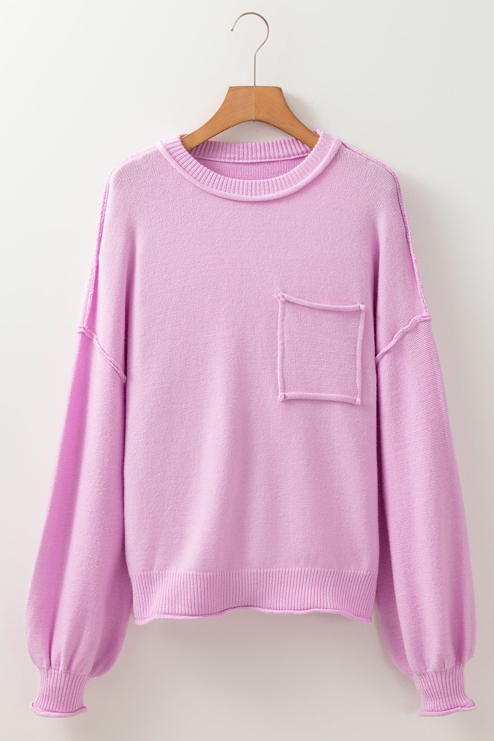 Crowned Energy CO. Pink / S / 50%Viscose+28%Polyester+22%Polyamide Dear-Lover Dropshipping Sweaters & Cardigans/Sweaters Pink Raw Edge Ribbed Detail Drop Shoulder Sweater