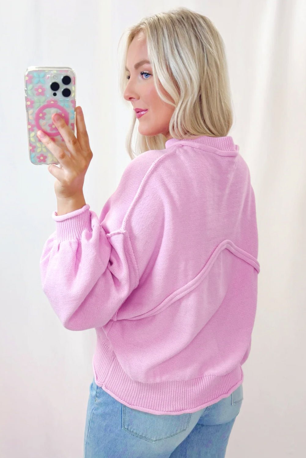 Crowned Energy CO. Pink / S / 50%Viscose+28%Polyester+22%Polyamide Dear-Lover Dropshipping Sweaters & Cardigans/Sweaters Pink Raw Edge Ribbed Detail Drop Shoulder Sweater