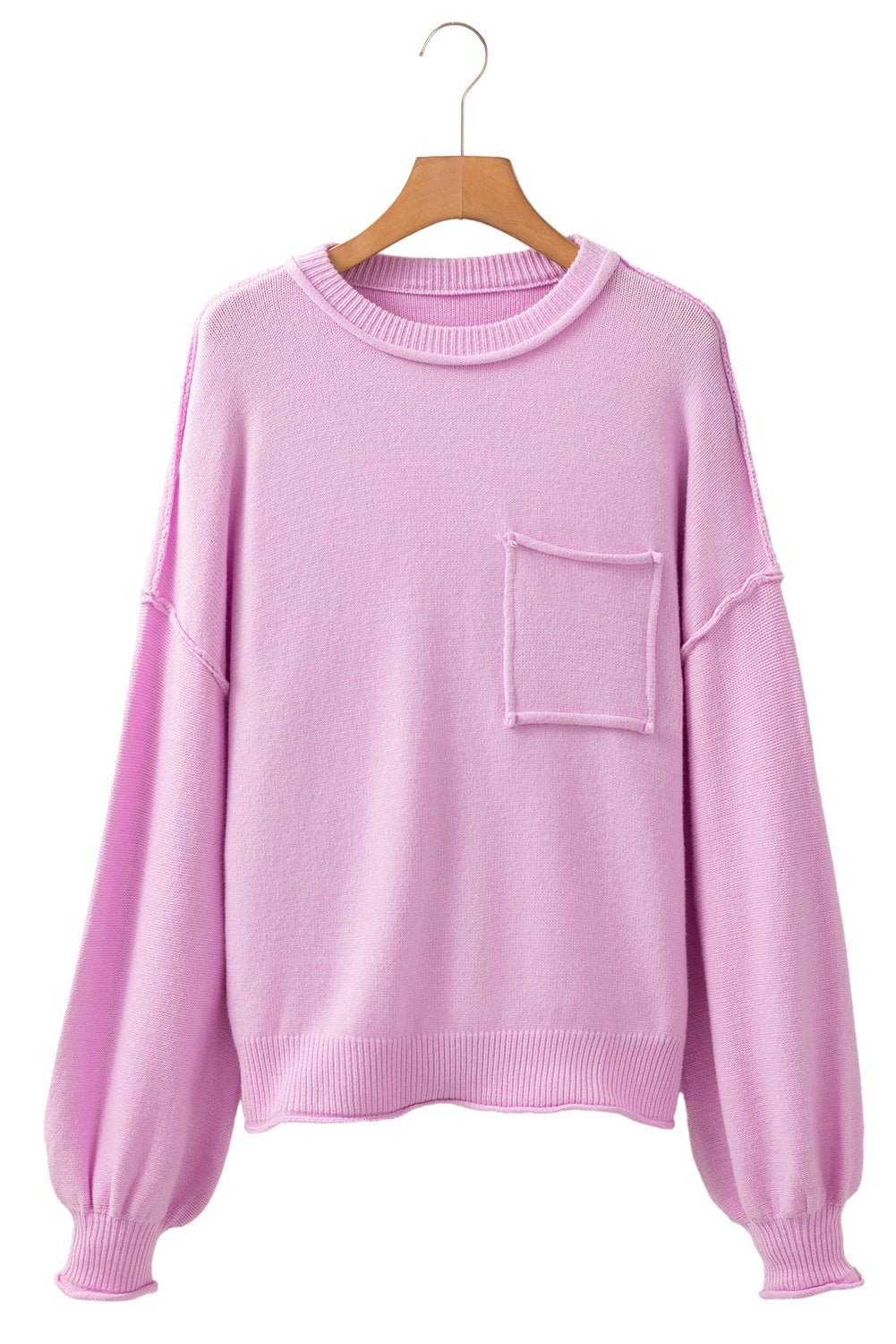 Crowned Energy CO. Pink / S / 50%Viscose+28%Polyester+22%Polyamide Dear-Lover Dropshipping Sweaters & Cardigans/Sweaters Pink Raw Edge Ribbed Detail Drop Shoulder Sweater