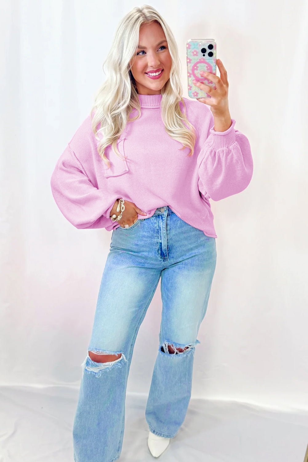 Crowned Energy CO. Pink / S / 50%Viscose+28%Polyester+22%Polyamide Dear-Lover Dropshipping Sweaters & Cardigans/Sweaters Pink Raw Edge Ribbed Detail Drop Shoulder Sweater