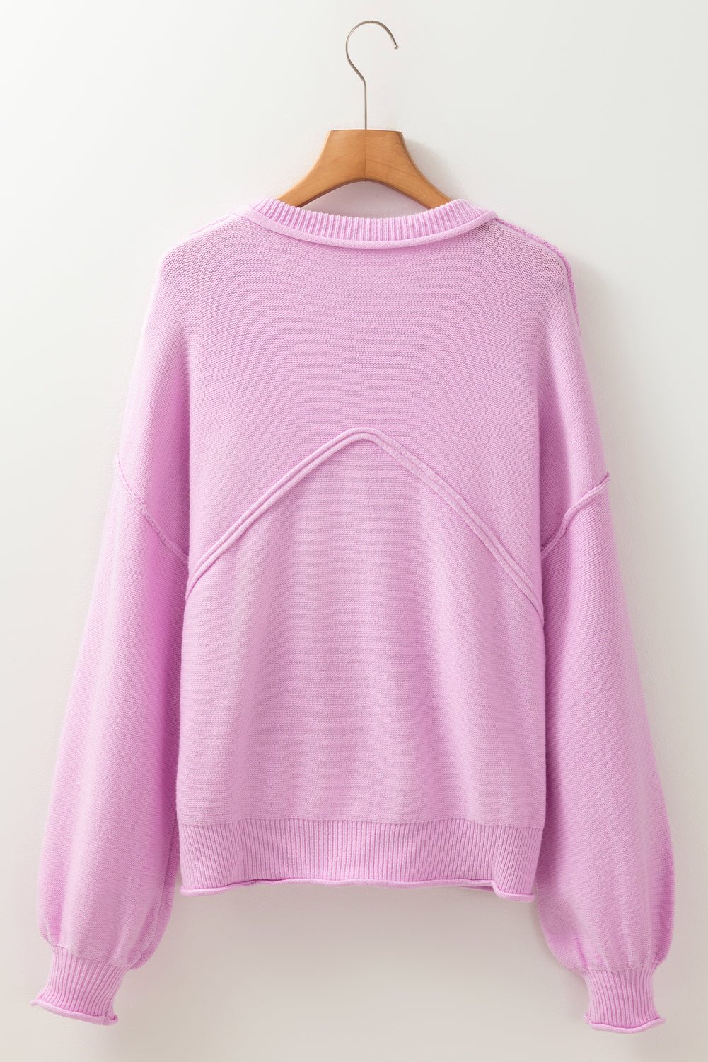 Crowned Energy CO. Pink / S / 50%Viscose+28%Polyester+22%Polyamide Dear-Lover Dropshipping Sweaters & Cardigans/Sweaters Pink Raw Edge Ribbed Detail Drop Shoulder Sweater