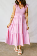 Pink Smocked Bodice Flutter Sleeve Fit Flare Tiered Midi Dress - Crowned Energy CO.