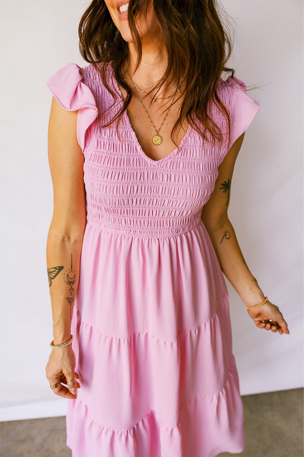 Pink Smocked Bodice Flutter Sleeve Fit Flare Tiered Midi Dress - Crowned Energy CO.