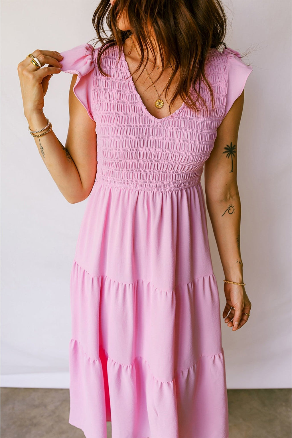 Pink Smocked Bodice Flutter Sleeve Fit Flare Tiered Midi Dress - Crowned Energy CO.
